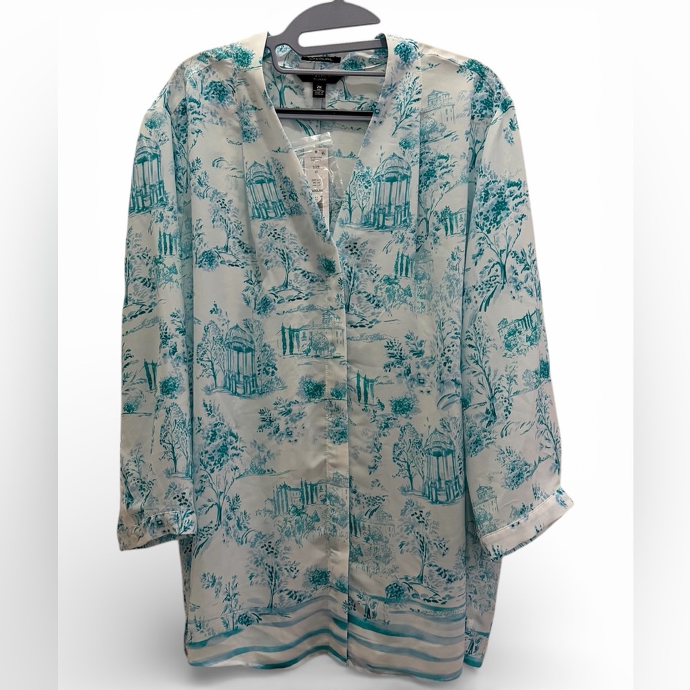 NWT Investments Woman Caroline Turquoise Toile Chiffon Blouse Button Front 2X